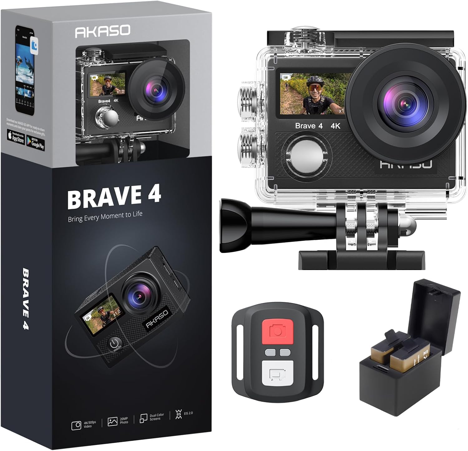 AKASO Brave 4 4K30fps 20MP WiFi Action Camera Ultra Hd with EIS 131ft Waterproof Camera Remote Control 5xZoom Underwater Camcorder with 2 Batteries and Bicycle Helmet Accessories Kit - Image 9