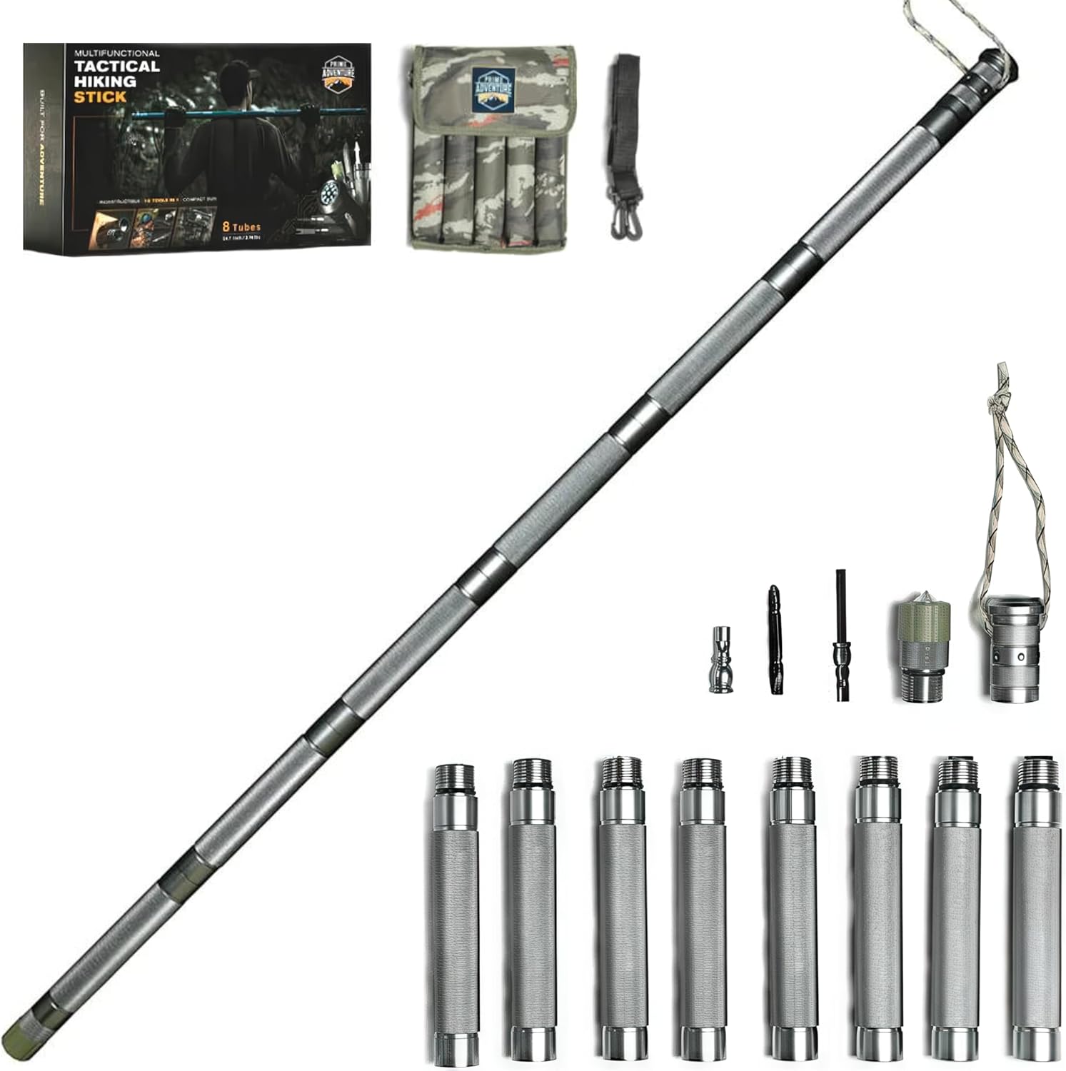 Hiking Tactical Stick Walking Staff - Outdoor Multitool Gear Trekking Pole Collapsible Retractable Premium 15 in 1 | 8 Tubes - Image 8